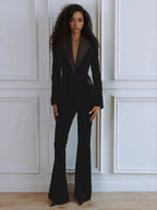 Delphine | Women's Single-Button Blazer Flare Trouser Set, Contrast Lapel Two-Piece Suit | My Sweet Wardrobe