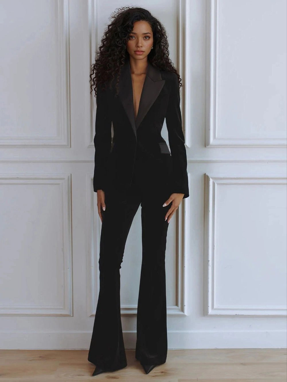 Delphine | Women's Single-Button Blazer Flare Trouser Set, Contrast Lapel Two-Piece Suit | My Sweet Wardrobe