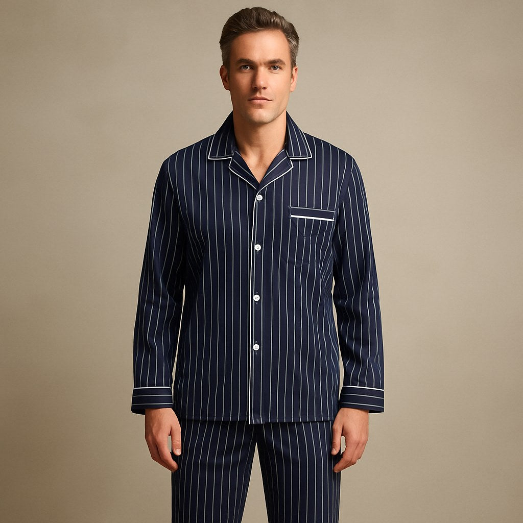 Dieter | Men's Striped Pyjamas with Long Sleeves, Two-Piece Pyjama Set | My Sweet Wardrobe | Bayeux Blue