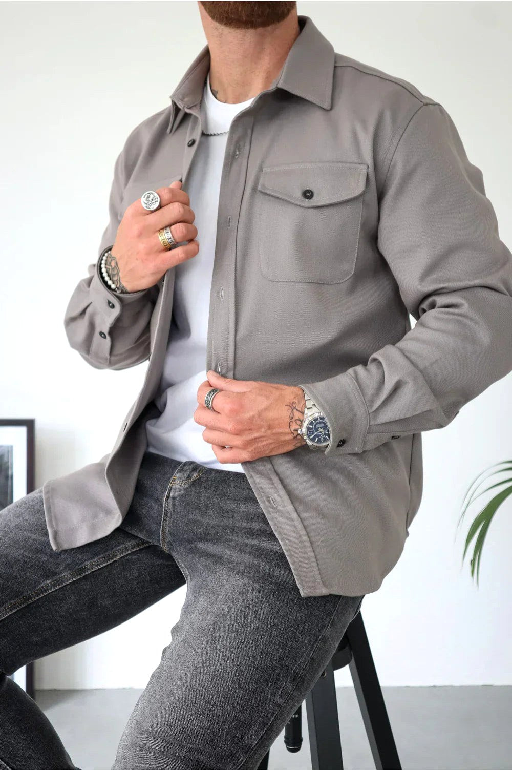 Dominic | Men's Long Sleeve Button-Up Shirt Jacket, Relaxed-Fit Overshirt | My Sweet Wardrobe | Grey