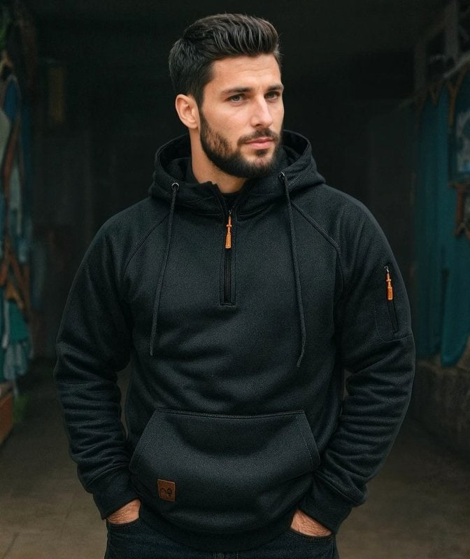 Dylan | Men's Half-Zip Hooded Pullover, Kangaroo Pocket Hoodie | Dressific | Dark Gray