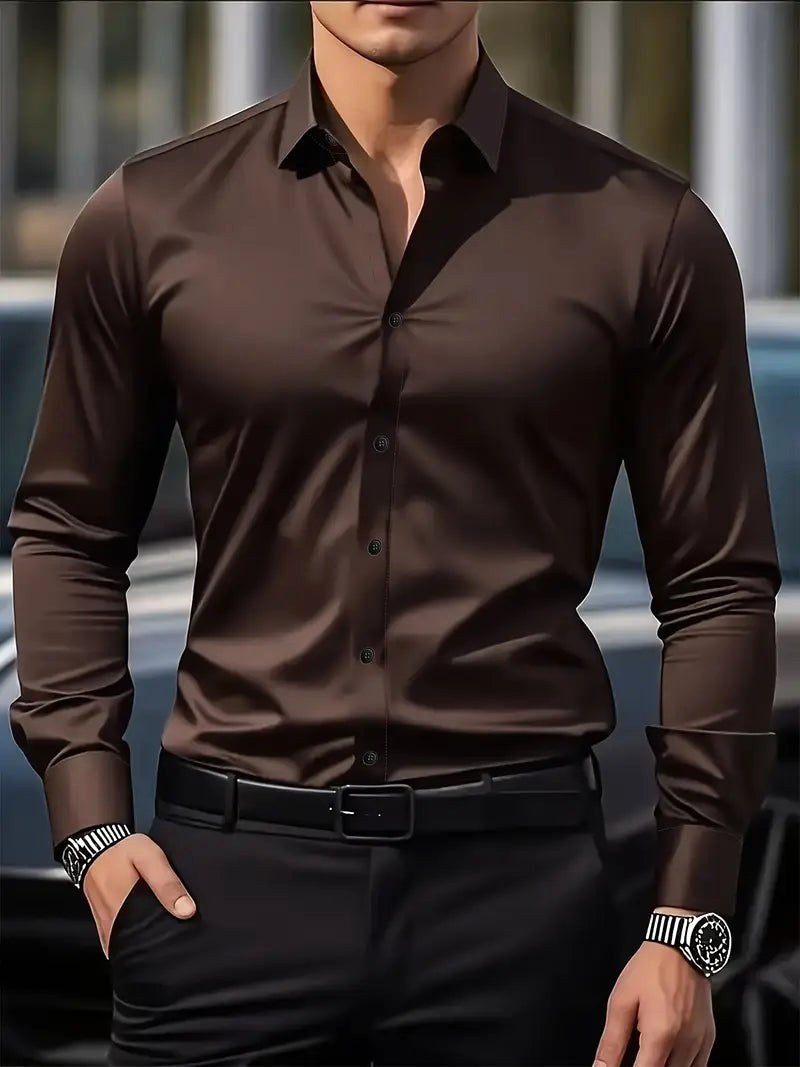 Edward | Men's Long-Sleeved Breathable Shirt, Slim-Fit Smart Shirt | My Sweet Wardrobe | Coffee