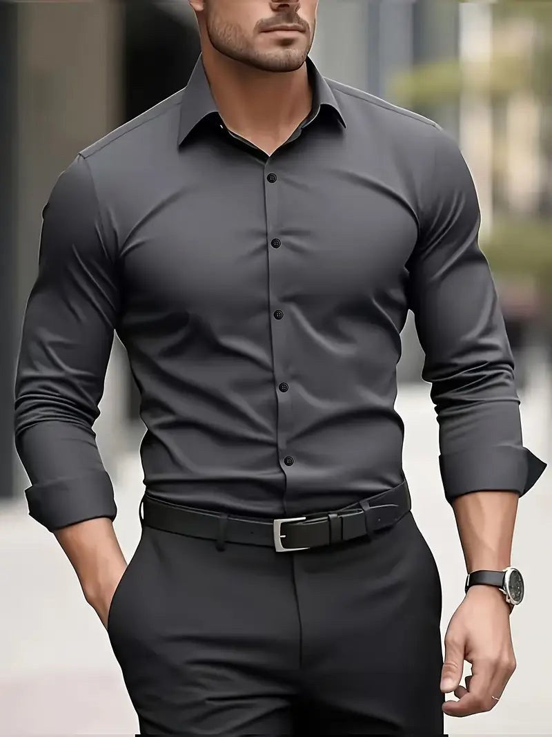 Edward | Men's Long-Sleeved Breathable Shirt, Slim-Fit Smart Shirt | My Sweet Wardrobe | Dark grey