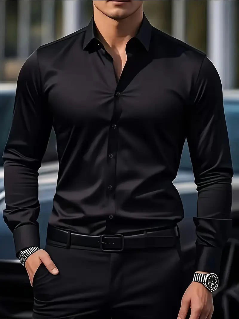 Edward | Men's Long-Sleeved Breathable Shirt, Slim-Fit Smart Shirt | My Sweet Wardrobe | Black