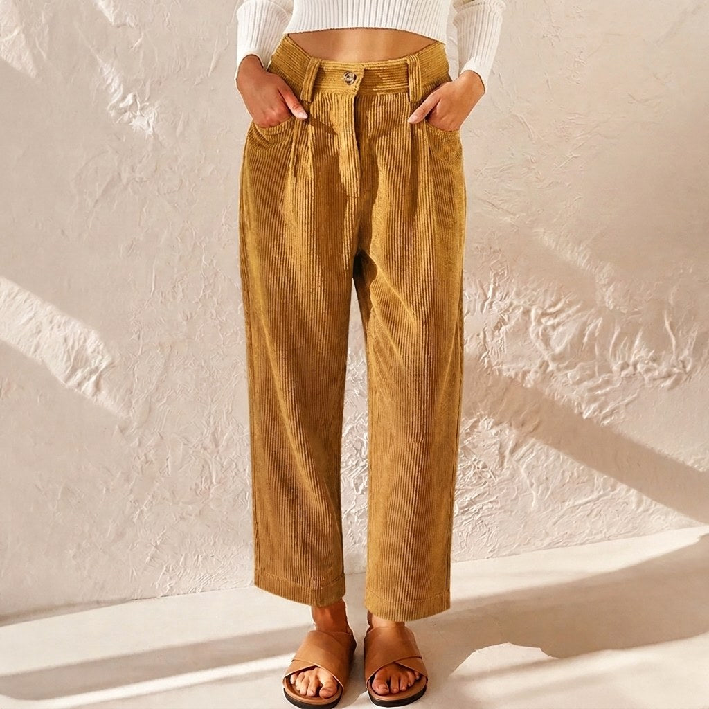 Eliane | Women's High-Waist Wide-Leg Corduroy Trousers, Pleated Front Trousers | My Sweet Wardrobe | Green