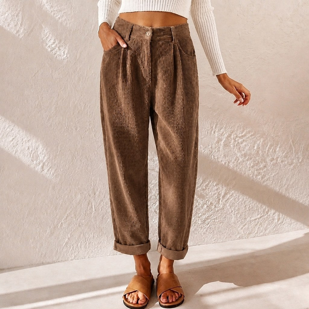 Eliane | Women's High-Waist Wide-Leg Corduroy Trousers, Pleated Front Trousers | My Sweet Wardrobe | Blue
