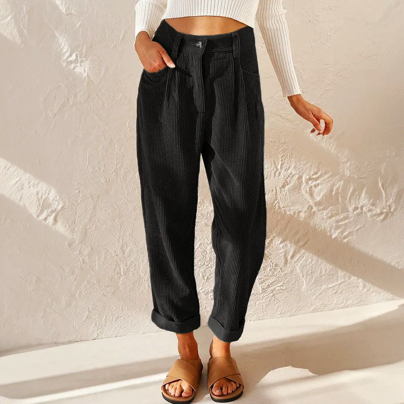Eliane | Women's High-Waist Wide-Leg Corduroy Trousers, Pleated Front Trousers | My Sweet Wardrobe