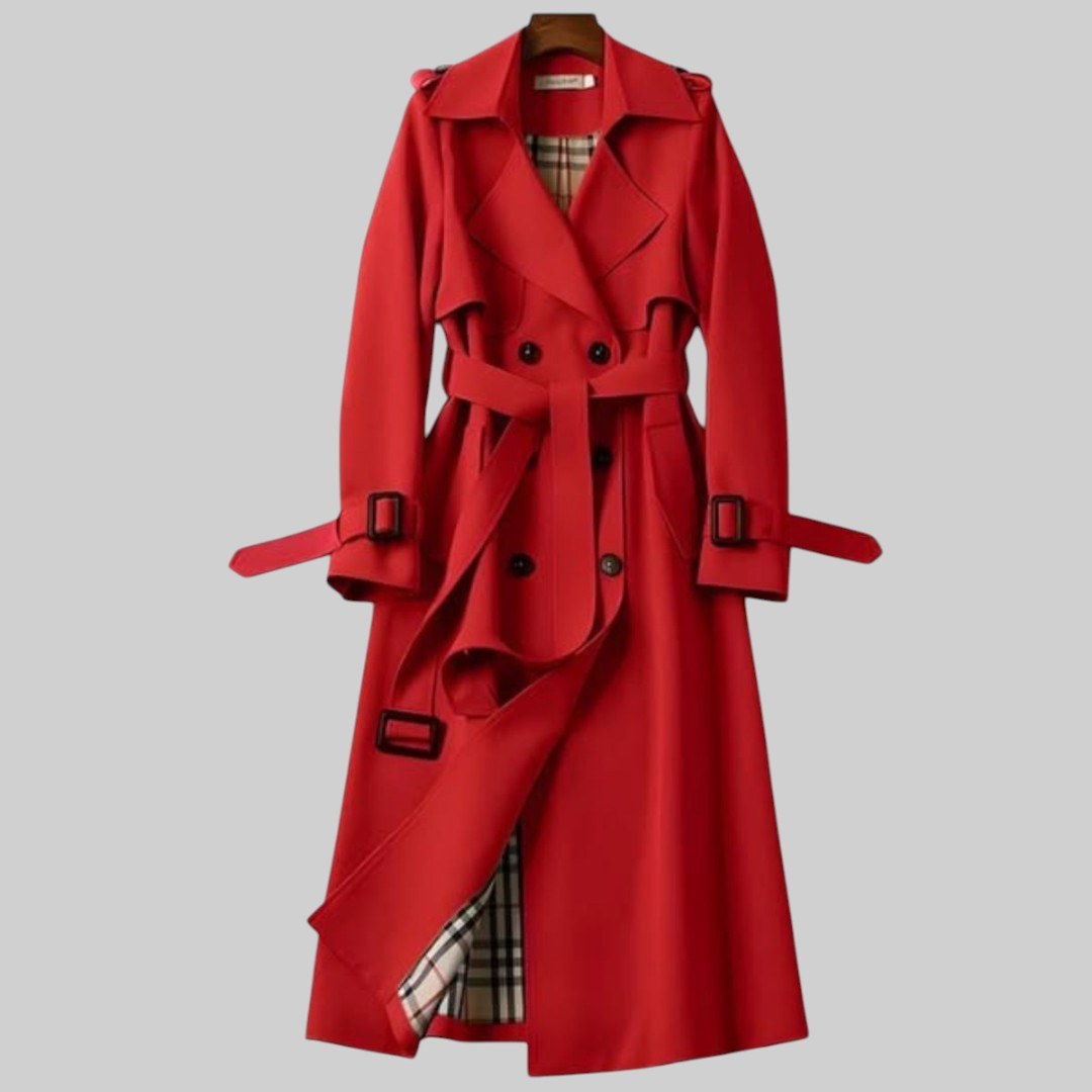 Eloise | Women's Belted Double-Breasted Trench Coat, Longline Winter Coat | My Sweet Wardrobe | Red