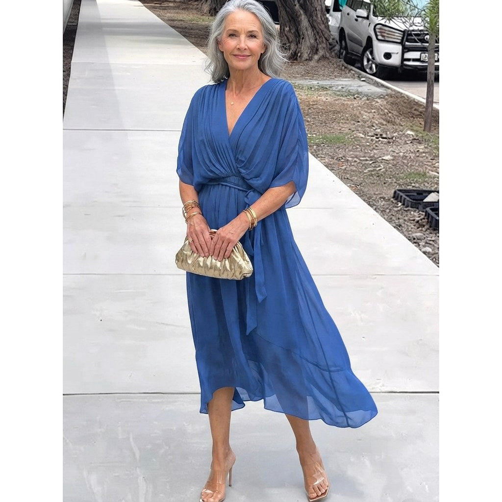 Noémie | Women's Wrap Midi Dress with V-Neckline, Half-Length Sleeve Occasion Dress | My Sweet Wardrobe | Blue
