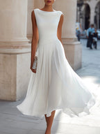 Elsie | Women's Pleated Midi Dress with Draped Neckline, Structured Midi Dress | My Sweet Wardrobe