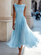 Elsie | Women's Pleated Midi Dress with Draped Neckline, Structured Midi Dress | My Sweet Wardrobe