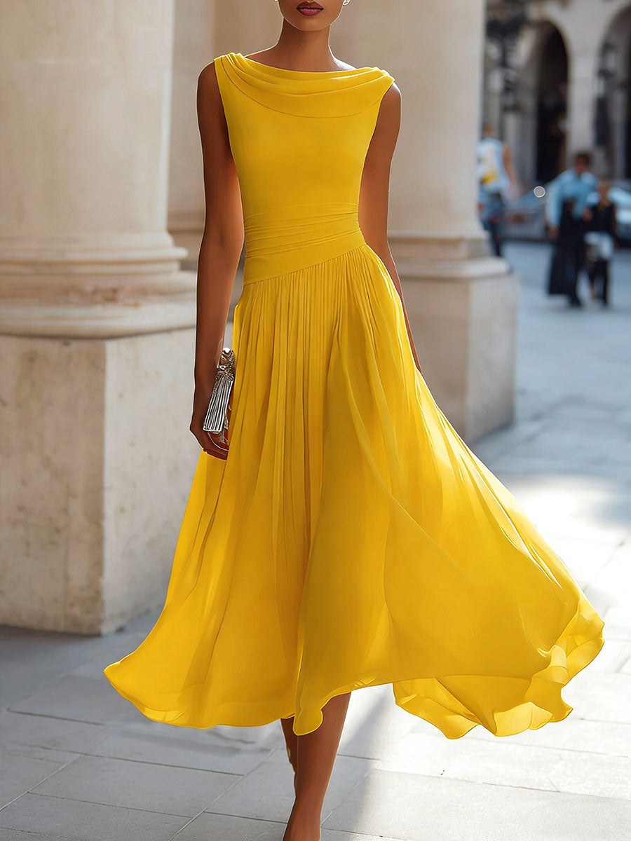 Elsie | Women's Pleated Midi Dress with Draped Neckline, Structured Midi Dress | My Sweet Wardrobe