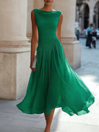 Elsie | Women's Pleated Midi Dress with Draped Neckline, Structured Midi Dress | My Sweet Wardrobe