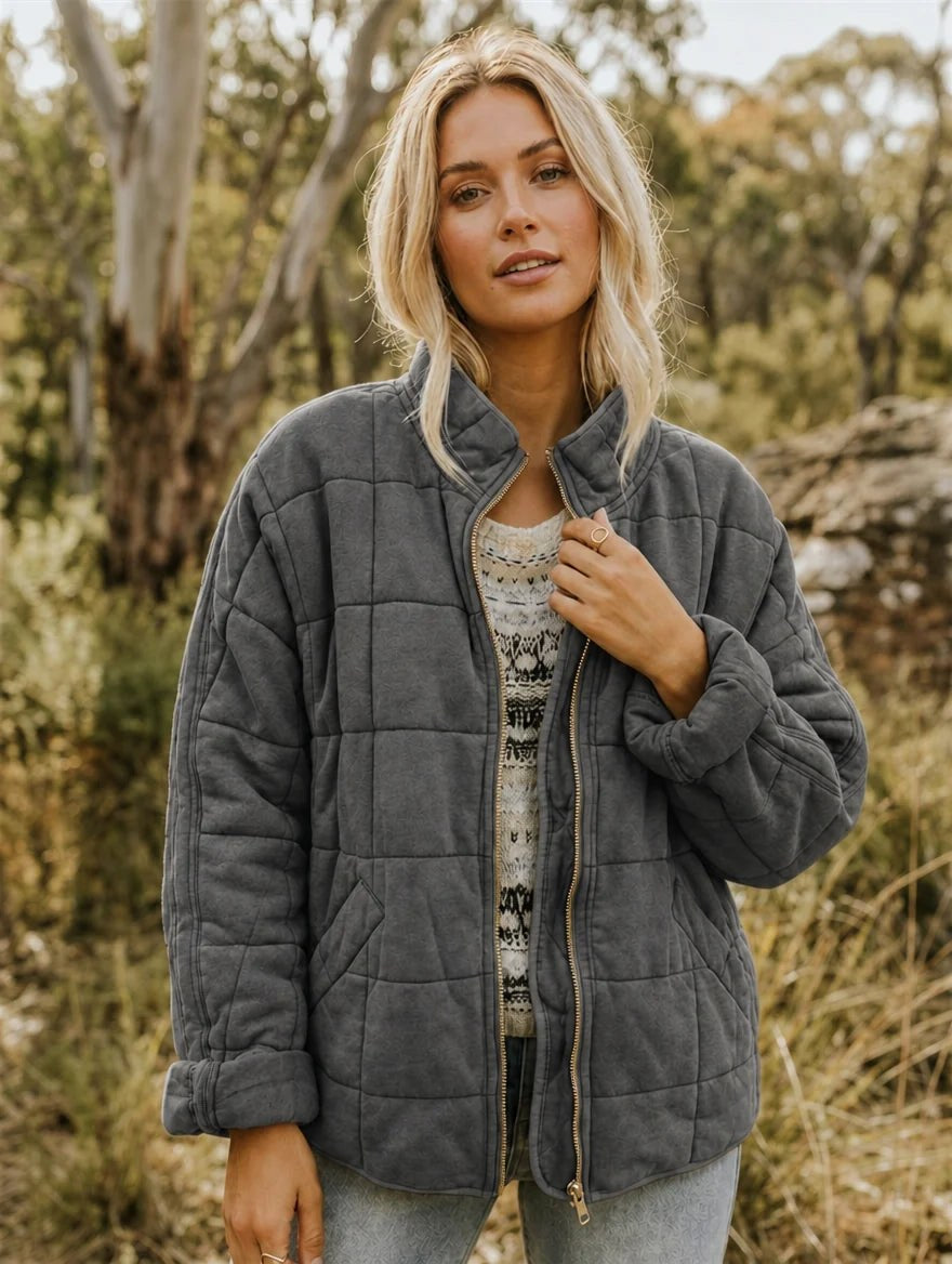 Emery | Women's Oversized Quilted Jacket, Structured Collar Autumn Jacket | Dressific | Dark Grey