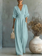 Emilie | Women's Wide-Leg Linen Jumpsuit, Cinched-Waist Jumpsuit | My Sweet Wardrobe