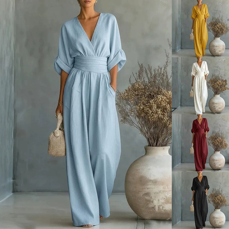 Emilie | Women's Wide-Leg Linen Jumpsuit, Cinched-Waist Jumpsuit | My Sweet Wardrobe