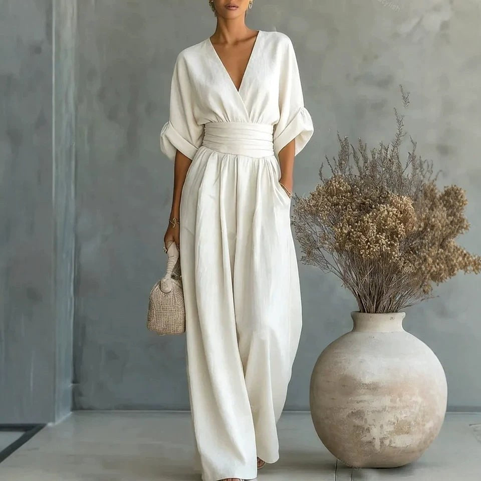 Emilie | Women's Wide-Leg Linen Jumpsuit, Cinched-Waist Jumpsuit | My Sweet Wardrobe