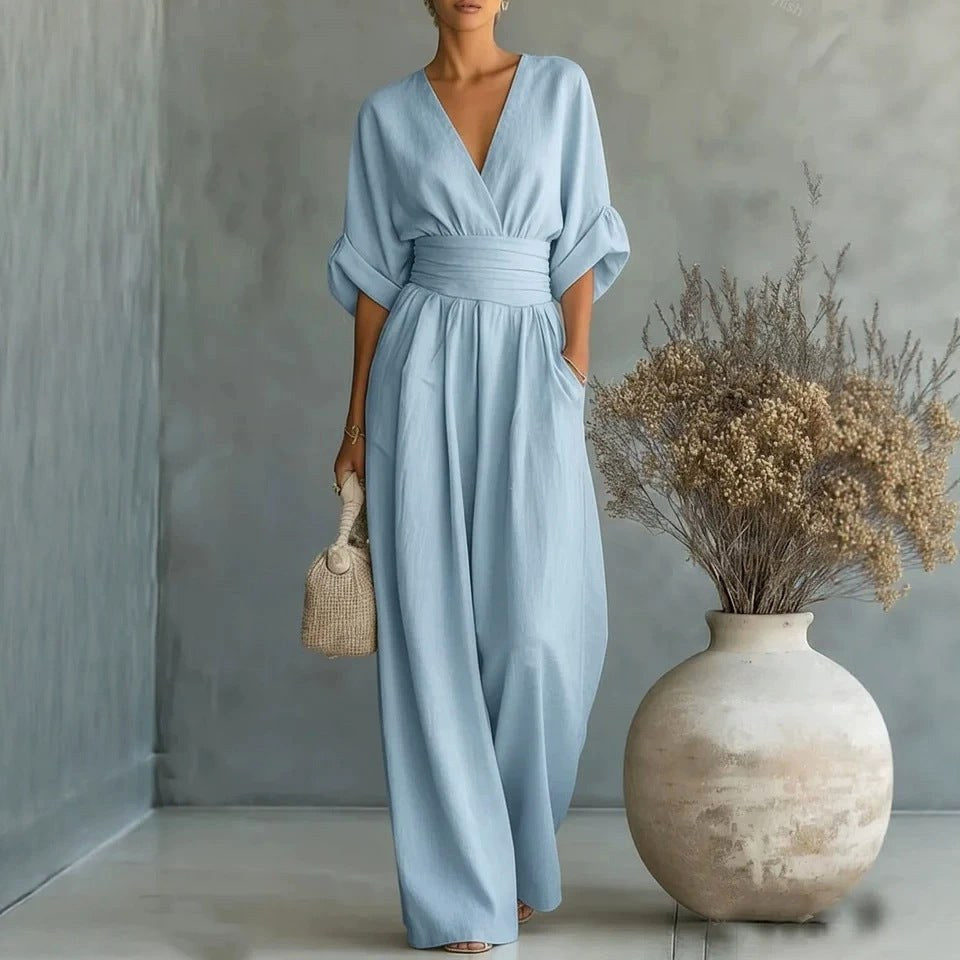 Emilie | Women's Wide-Leg Linen Jumpsuit, Cinched-Waist Jumpsuit | My Sweet Wardrobe