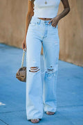 Emmanuelle | Women's Wide-Leg Distressed Jeans, High-Waisted Ripped Denim | My Sweet Wardrobe | Light Blue