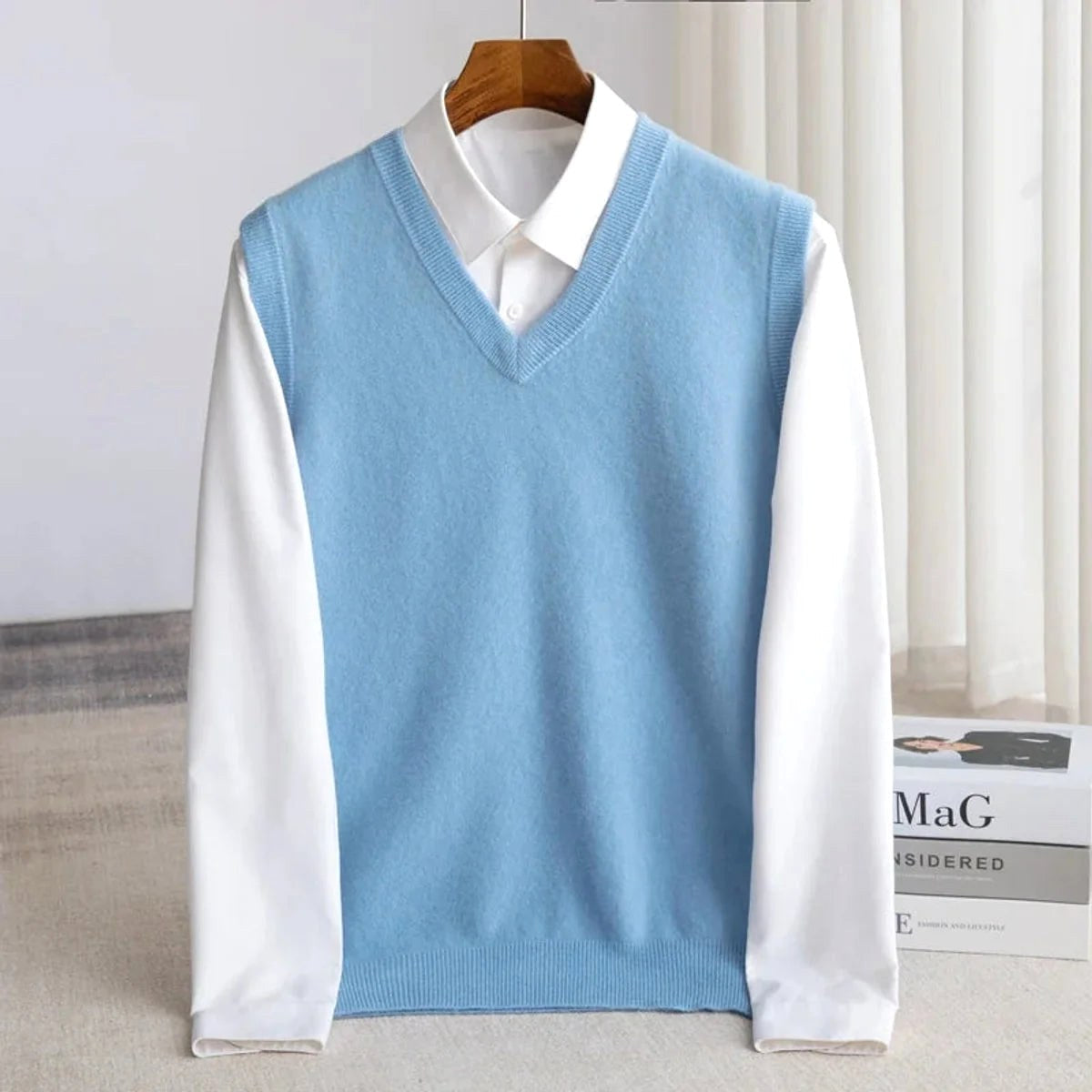 Ethan | Men's V-Neck Sweater Vest, Ribbed Trim Knit Gilet | Dressific | Blue
