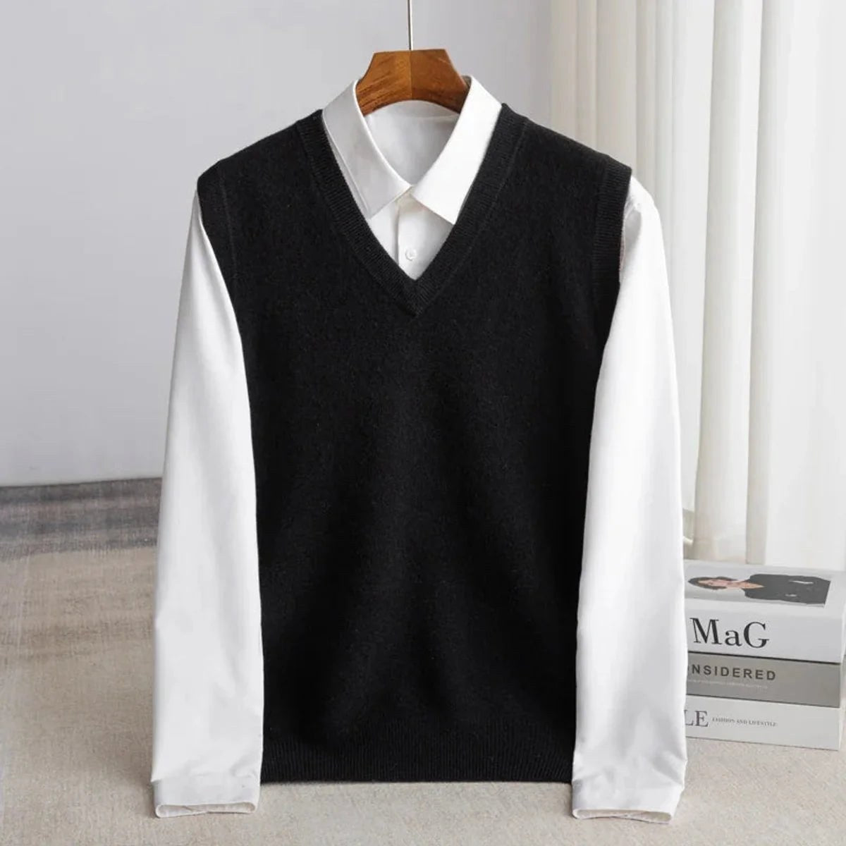 Ethan | Men's V-Neck Sweater Vest, Ribbed Trim Knit Gilet | Dressific