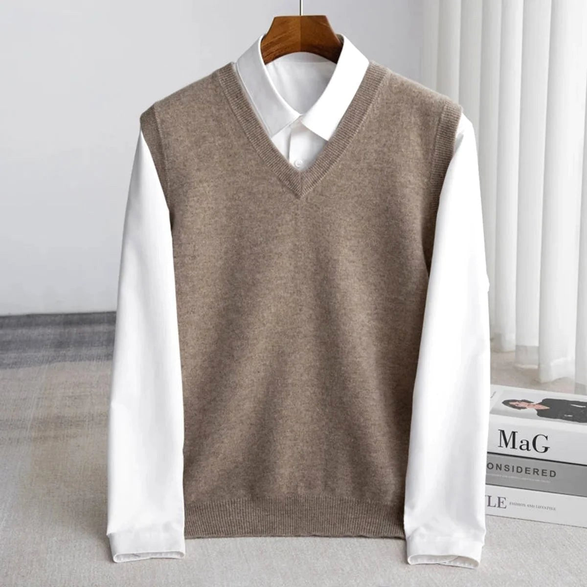 Ethan | Men's V-Neck Sweater Vest, Ribbed Trim Knit Gilet | Dressific | Burgundy
