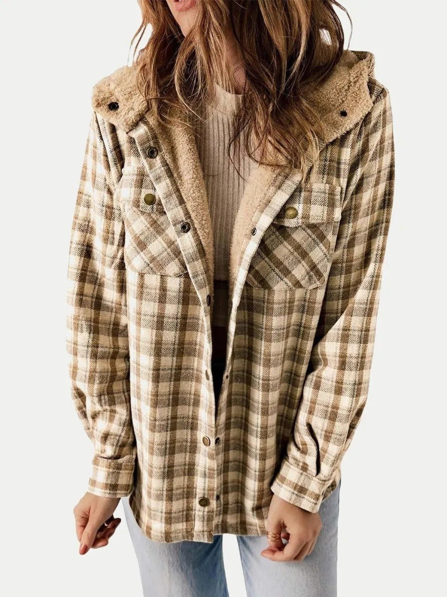Eugenie | Women's Hooded Plaid Jacket, Button-Down Autumn Jacket | My Sweet Wardrobe | Khaki