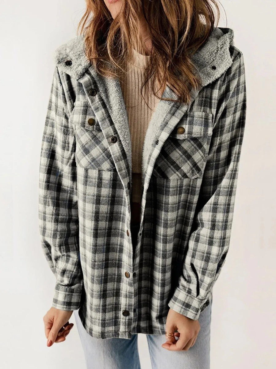 Eugenie | Women's Hooded Plaid Jacket, Button-Down Autumn Jacket | My Sweet Wardrobe | Dark Grey