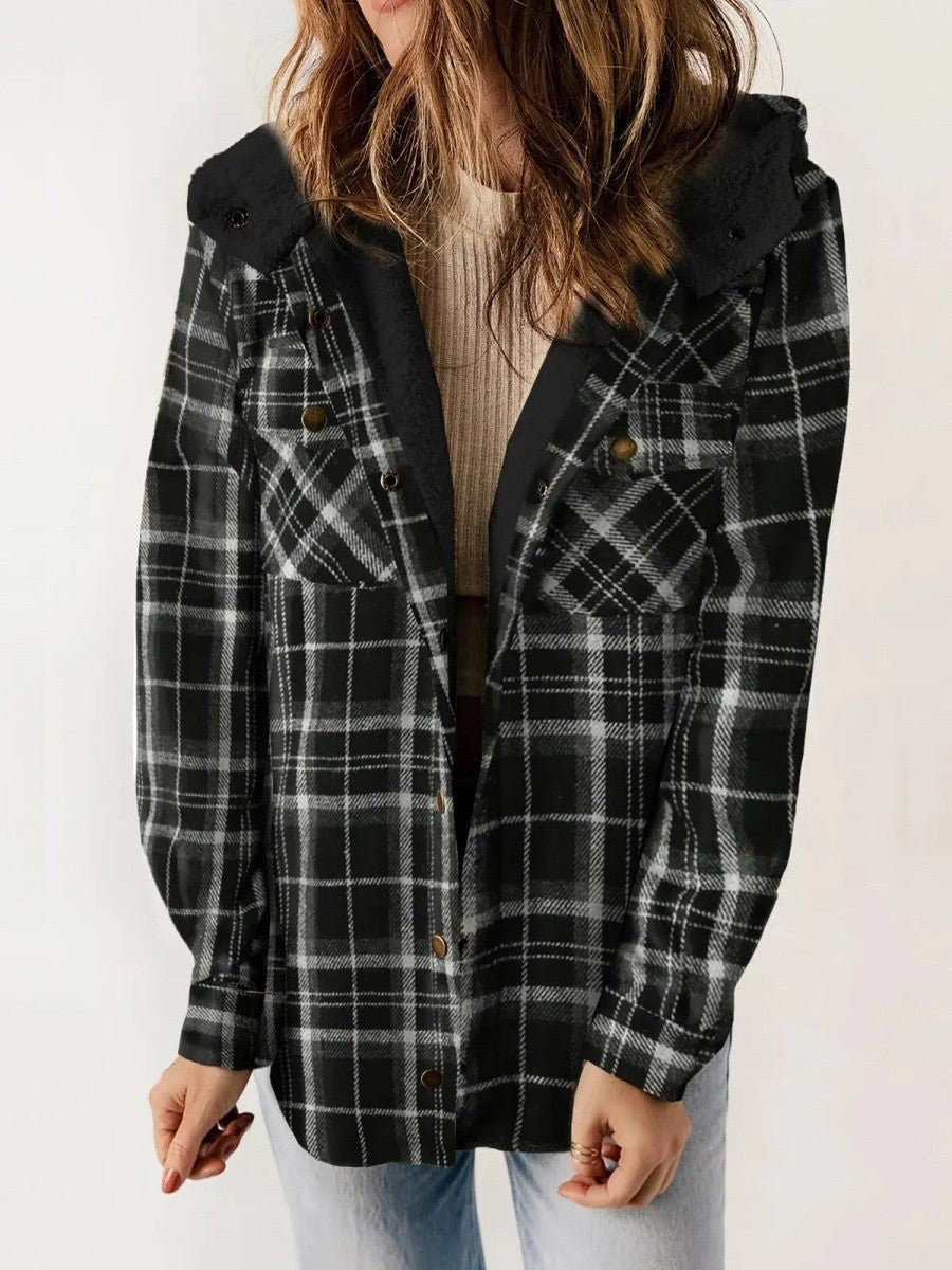 Eugenie | Women's Hooded Plaid Jacket, Button-Down Autumn Jacket | My Sweet Wardrobe | Black