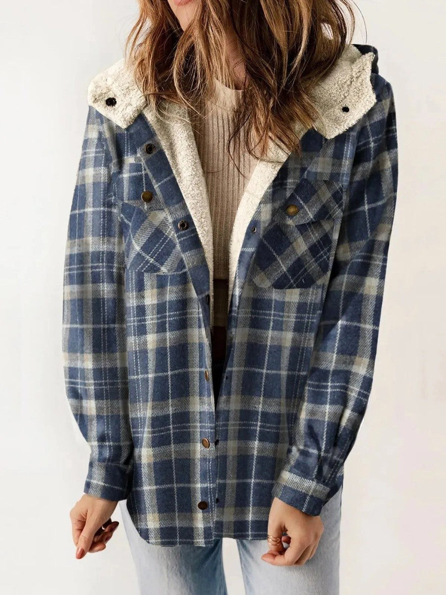 Eugenie | Women's Hooded Plaid Jacket, Button-Down Autumn Jacket | My Sweet Wardrobe | Blue
