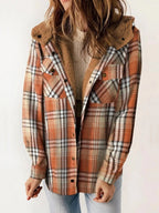 Eugenie | Women's Hooded Plaid Jacket, Button-Down Autumn Jacket | My Sweet Wardrobe | Brown