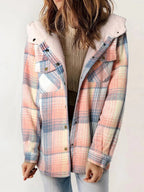 Eugenie | Women's Hooded Plaid Jacket, Button-Down Autumn Jacket | My Sweet Wardrobe | Pink