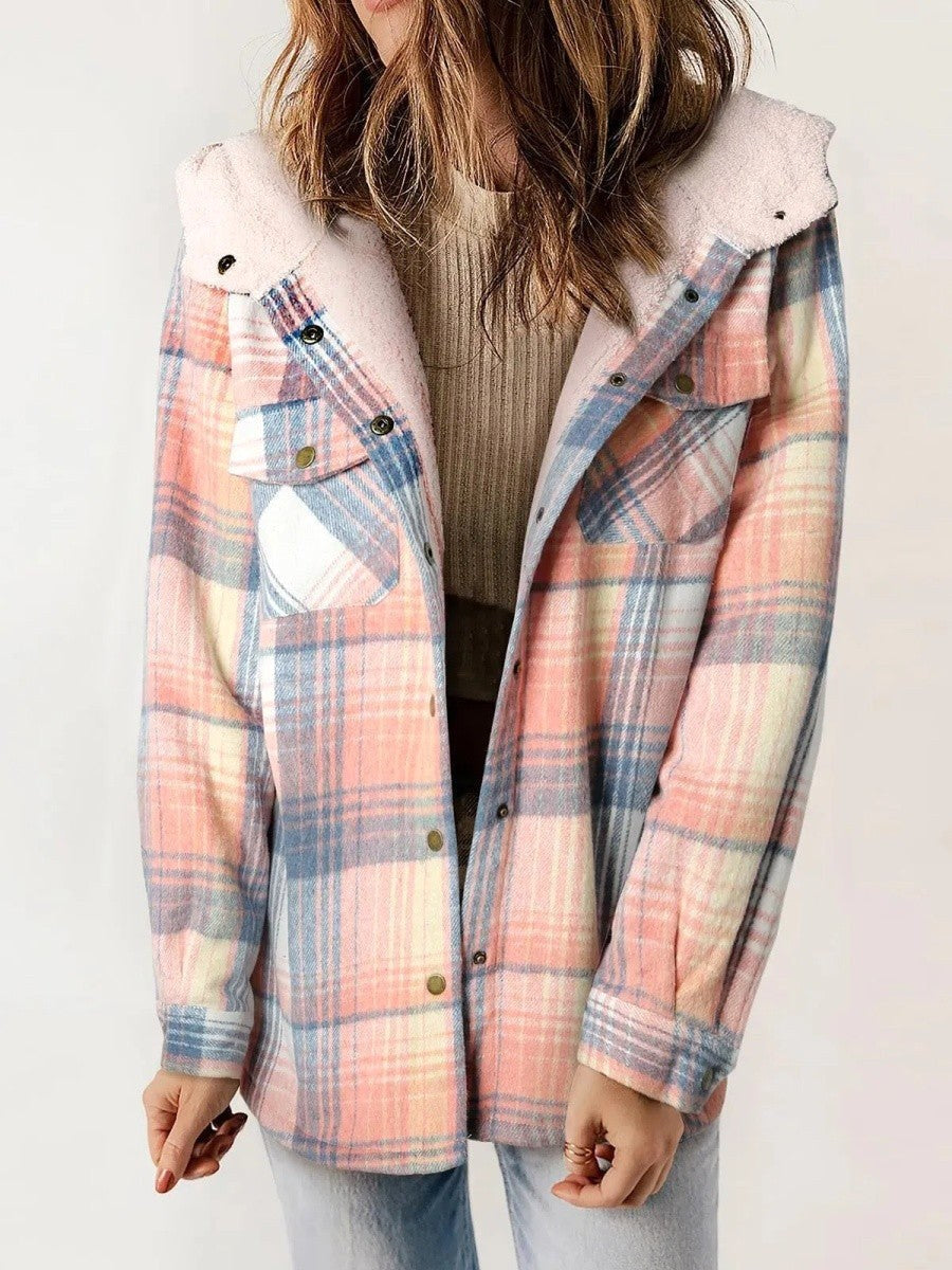 Eugenie | Women's Hooded Plaid Jacket, Button-Down Autumn Jacket | My Sweet Wardrobe | Pink