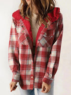 Eugenie | Women's Hooded Plaid Jacket, Button-Down Autumn Jacket | My Sweet Wardrobe | Red
