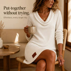 Felicity | Women's Cowl Neck Ribbed Sweater Dress, Knee-Length Knit Dress | Dressific