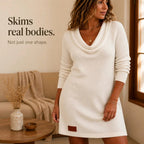 Felicity | Women's Cowl Neck Ribbed Sweater Dress, Knee-Length Knit Dress | Dressific