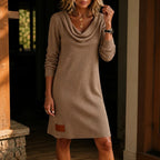 Felicity | Women's Cowl Neck Ribbed Sweater Dress, Knee-Length Knit Dress | Dressific