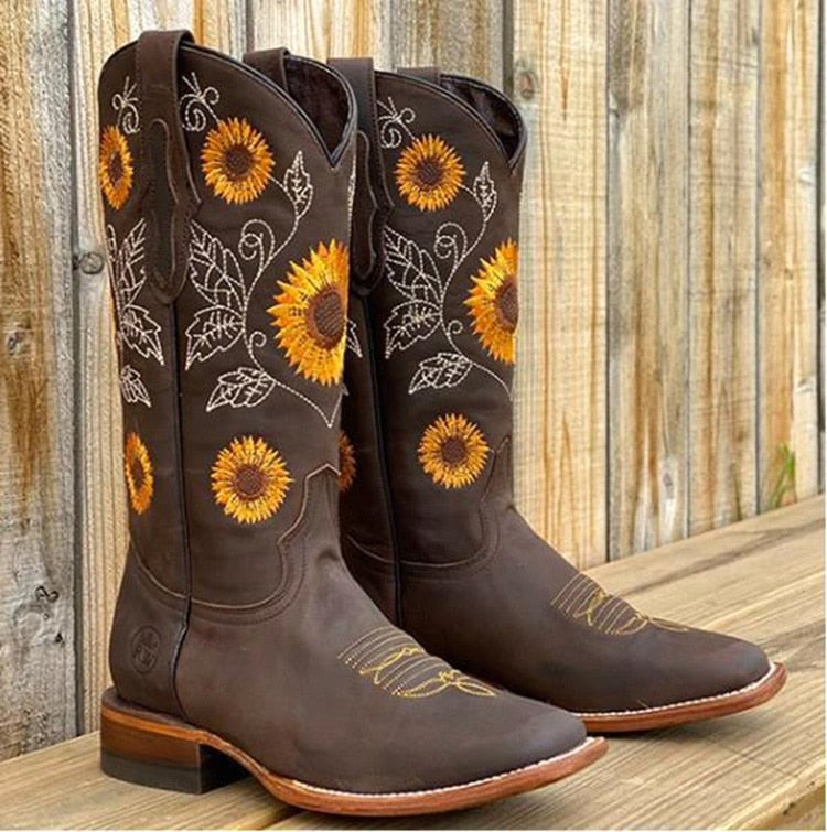 Florence | Women's Bohemian-Style Boots, Sunflower Pattern Ankle Boots | My Sweet Wardrobe | Dark Brown