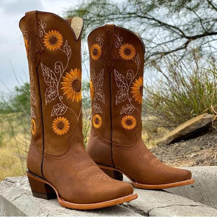 Florence | Women's Bohemian-Style Boots, Sunflower Pattern Ankle Boots | My Sweet Wardrobe | Brown