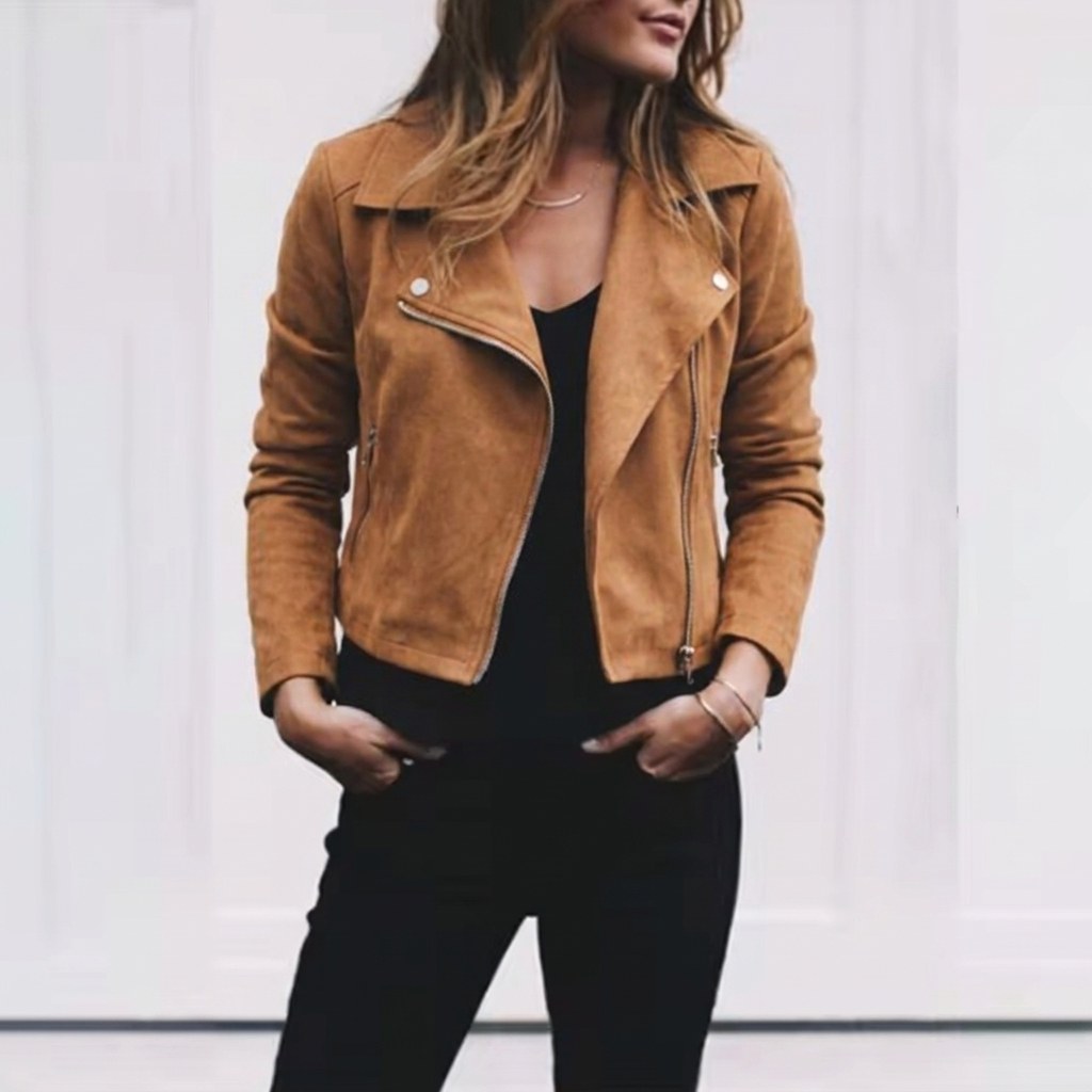 Florence | Women's Suede Cropped Jacket with Asymmetric Zip Front, Moto-Style Jacket | My Sweet Wardrobe | Khaki