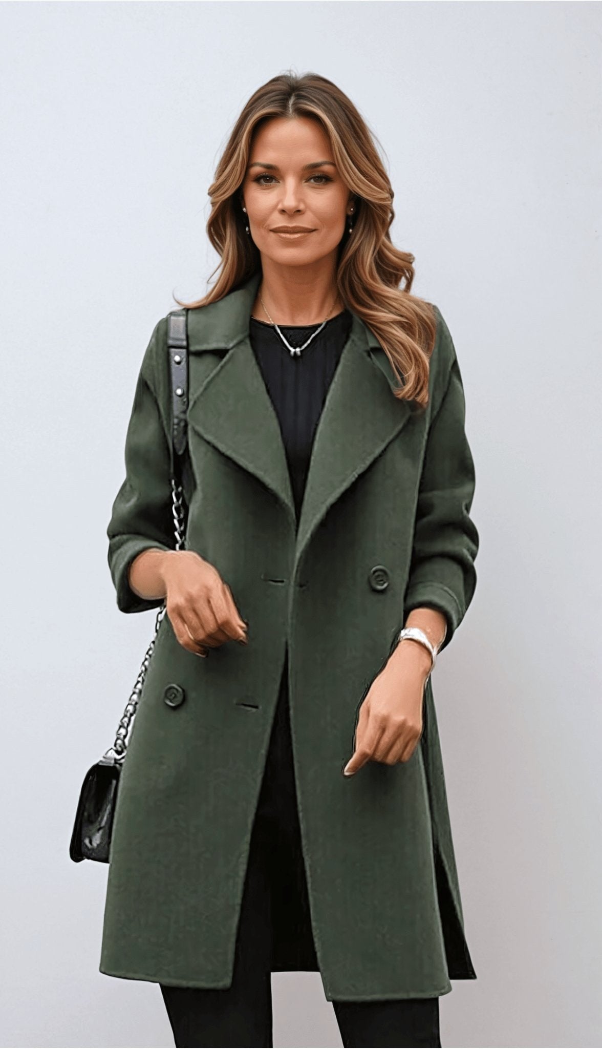 Genevieve | Women's Double Breasted Mid-Length Coat, Notched Lapel Autumn Coat | My Sweet Wardrobe | Army Green