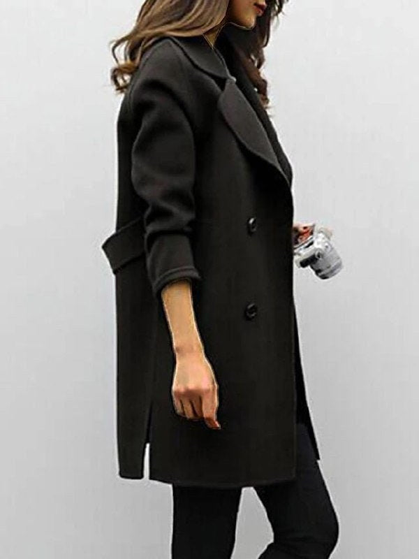 Genevieve | Women's Double Breasted Mid-Length Coat, Notched Lapel Autumn Coat | My Sweet Wardrobe | Brown