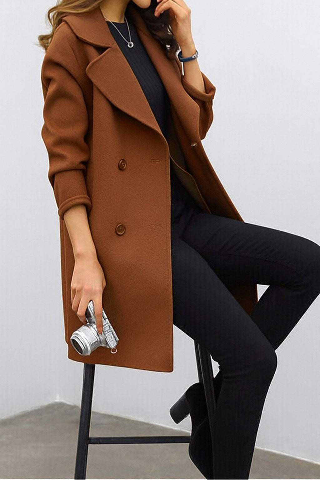 Genevieve | Women's Double Breasted Mid-Length Coat, Notched Lapel Autumn Coat | My Sweet Wardrobe | Black