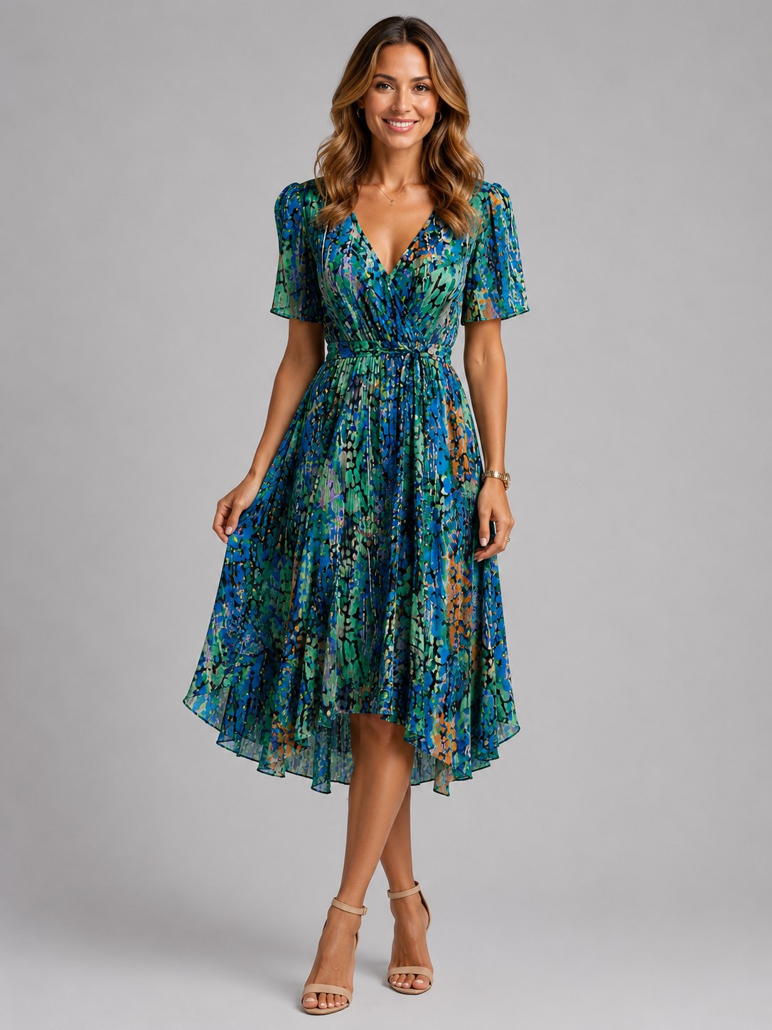 Georgia | Women's V-Neck Midi Dress with Flowing Silhouette, Printed Summer Dress | My Sweet Wardrobe | Blue
