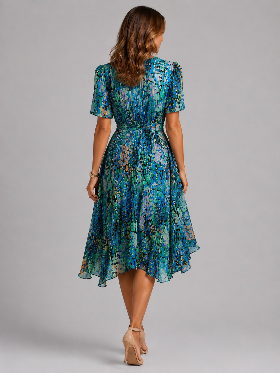 Georgia | Women's V-Neck Midi Dress with Flowing Silhouette, Printed Summer Dress | My Sweet Wardrobe | Multi