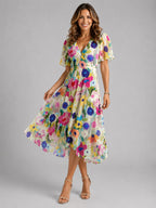 Georgia | Women's V-Neck Midi Dress with Flowing Silhouette, Printed Summer Dress | My Sweet Wardrobe | Rose Red
