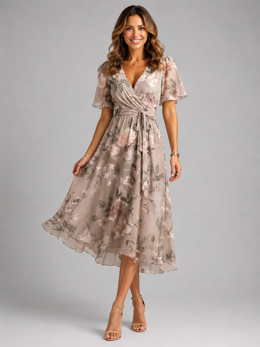 Georgia | Women's V-Neck Midi Dress with Flowing Silhouette, Printed Summer Dress | My Sweet Wardrobe | Green