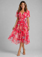 Georgia | Women's V-Neck Midi Dress with Flowing Silhouette, Printed Summer Dress | My Sweet Wardrobe