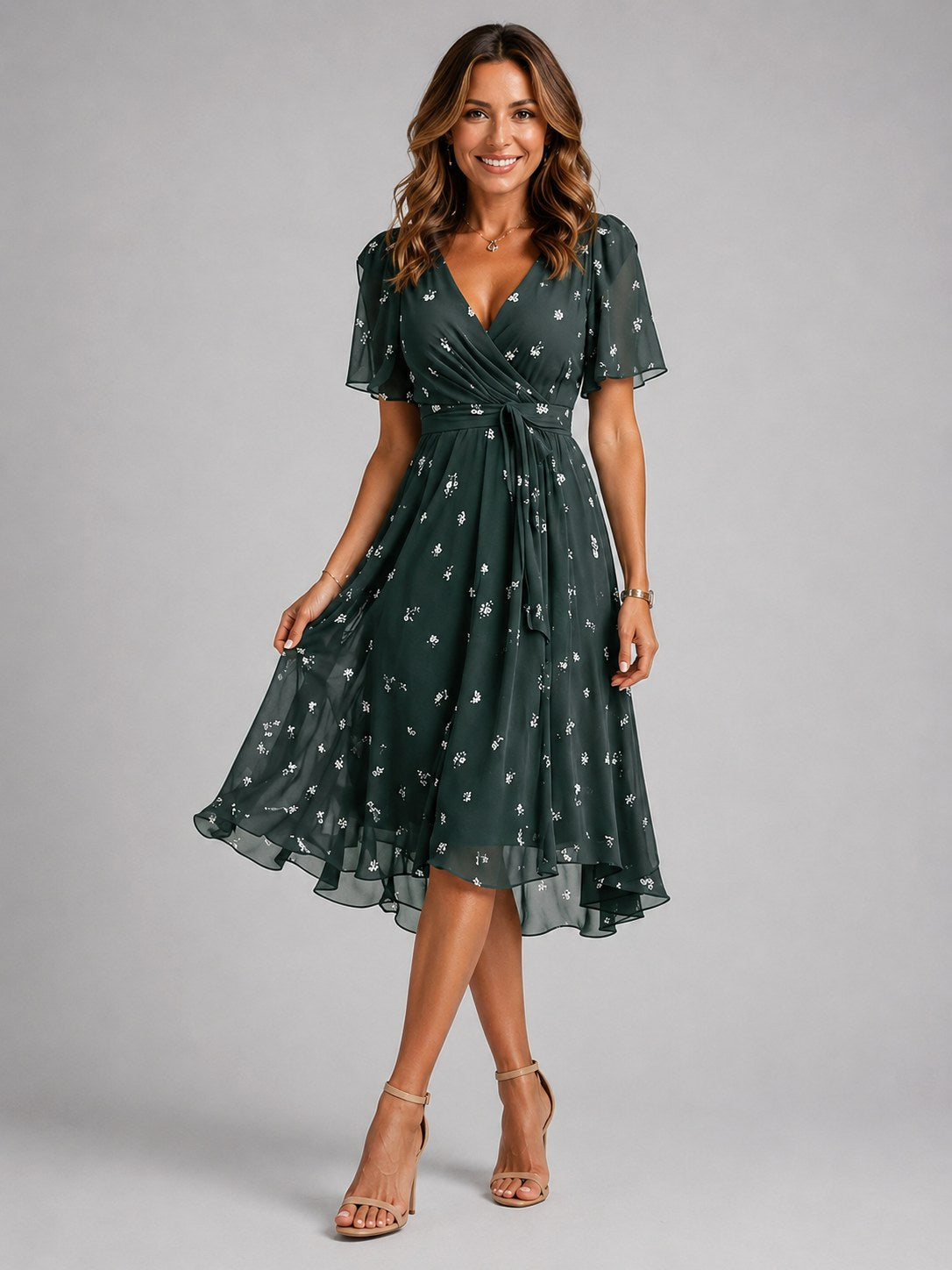 Georgia | Women's V-Neck Midi Dress with Flowing Silhouette, Printed Summer Dress | My Sweet Wardrobe