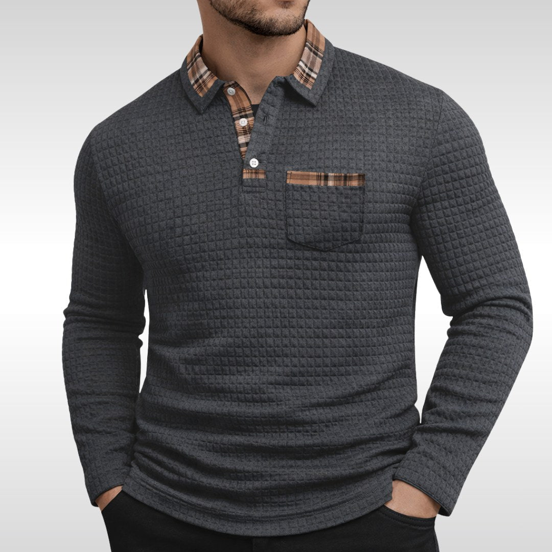 Günter | Men's Waffle-Piqué Polo Shirt with Check Pattern, Classic Polo Shirt | My Sweet Wardrobe | Blue